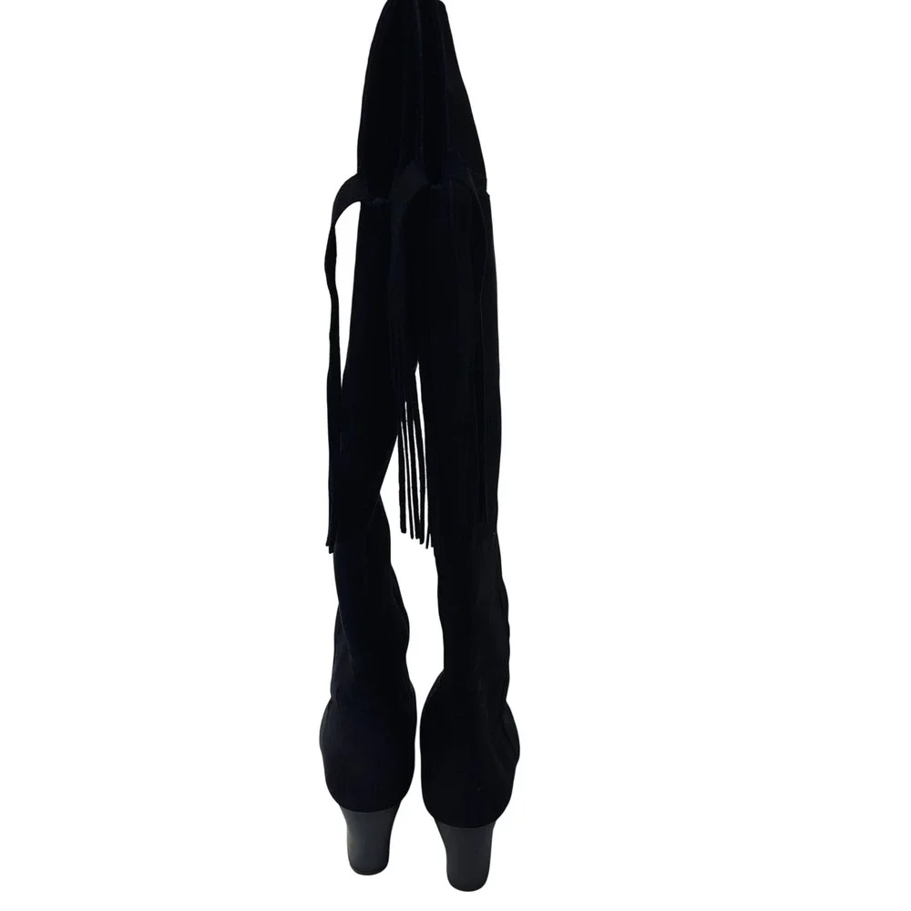 Andrew Geller Guava Boots 7M Black Faux Suede Over The Knee Fringe Block Heel